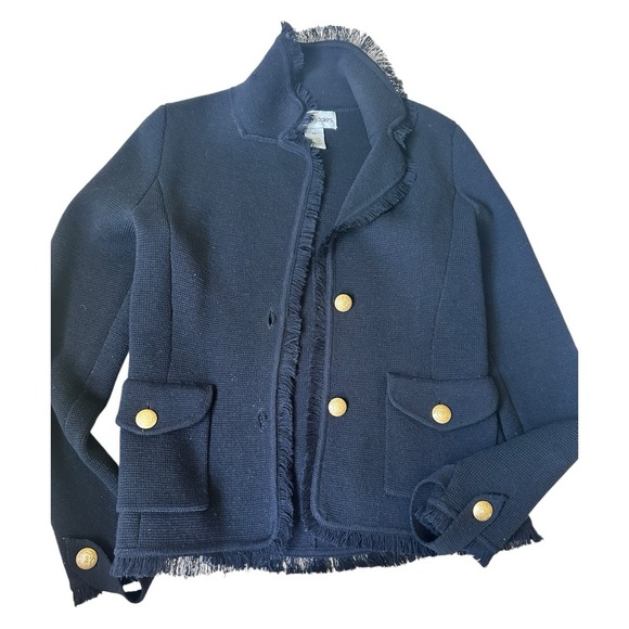 Bloomingdale’s 100% wool black blazer – gold buttons, fringe trim, Petite Small - Picture 3 of 7